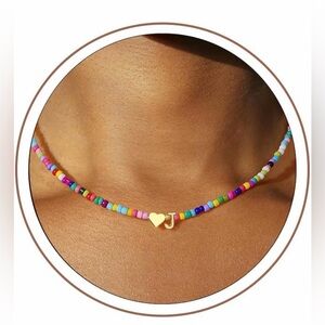 Multicolor Beaded Necklace with Gold Plated Heart & “J” Initial (16”+2.5”) NIB